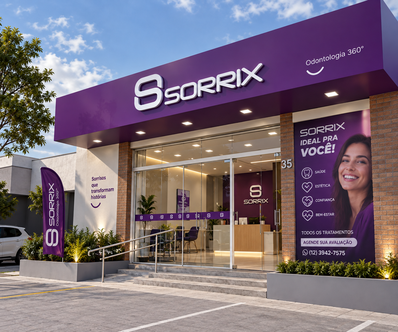 Fachada de clínica Sorrix com painel roxo e recepção ao fundo