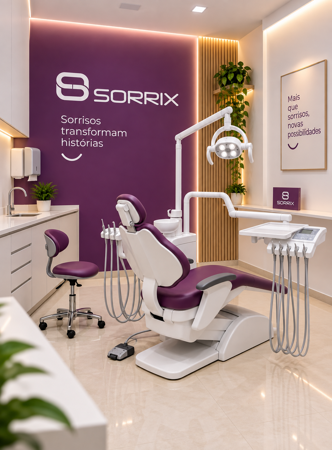 Consultório Sorrix com parede roxa e marca ao fundo